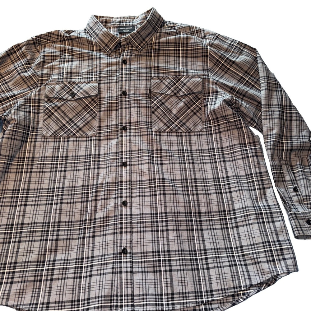 Harley Davidson Shirt Mens 4XL Gray Plaid Flannel Long Sleeve Button Up Casual